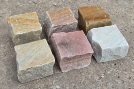 Quarzit Kleinpflaster Bahia 8-10 cm gespalten gelb-bunt Quarzit Kleinpflaster Bahia 8-10 cm gespalten gelb-bunt